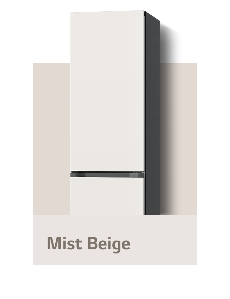 Показан холодильник LG с нижней морозильной камерой из коллекции Objet в цветах «Бежевый туман», «Серебряный туман» и «Черное зеркало».