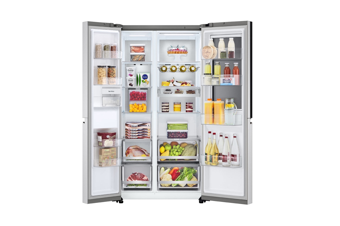 LG 617л, Холодильник LG Side-by-Side , вид спереди в открытом состоянии с продуктами, GC-X257CAEV, thumbnail 2