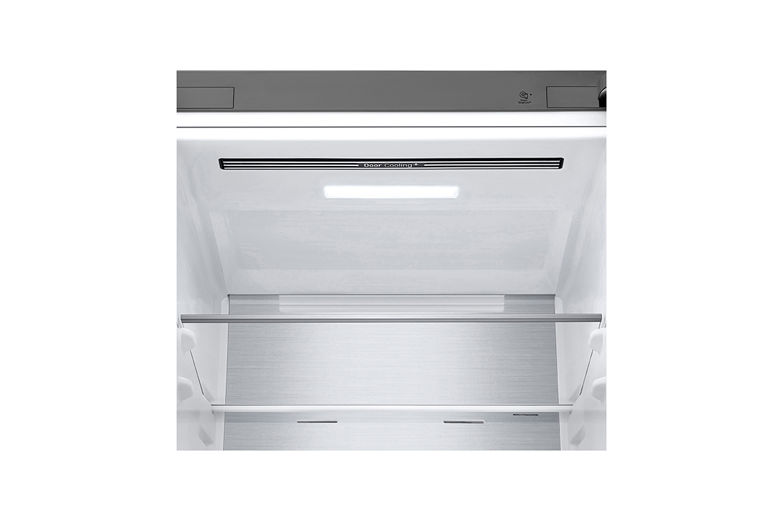 LG 387Л, Холодильник с нижней морозильной камерой | LG Узбекистан, верхняя морозильная камера открыта с прикрепленной системой льда Spaceplus и хранит продукты, GC-B509FNPW, thumbnail 6
