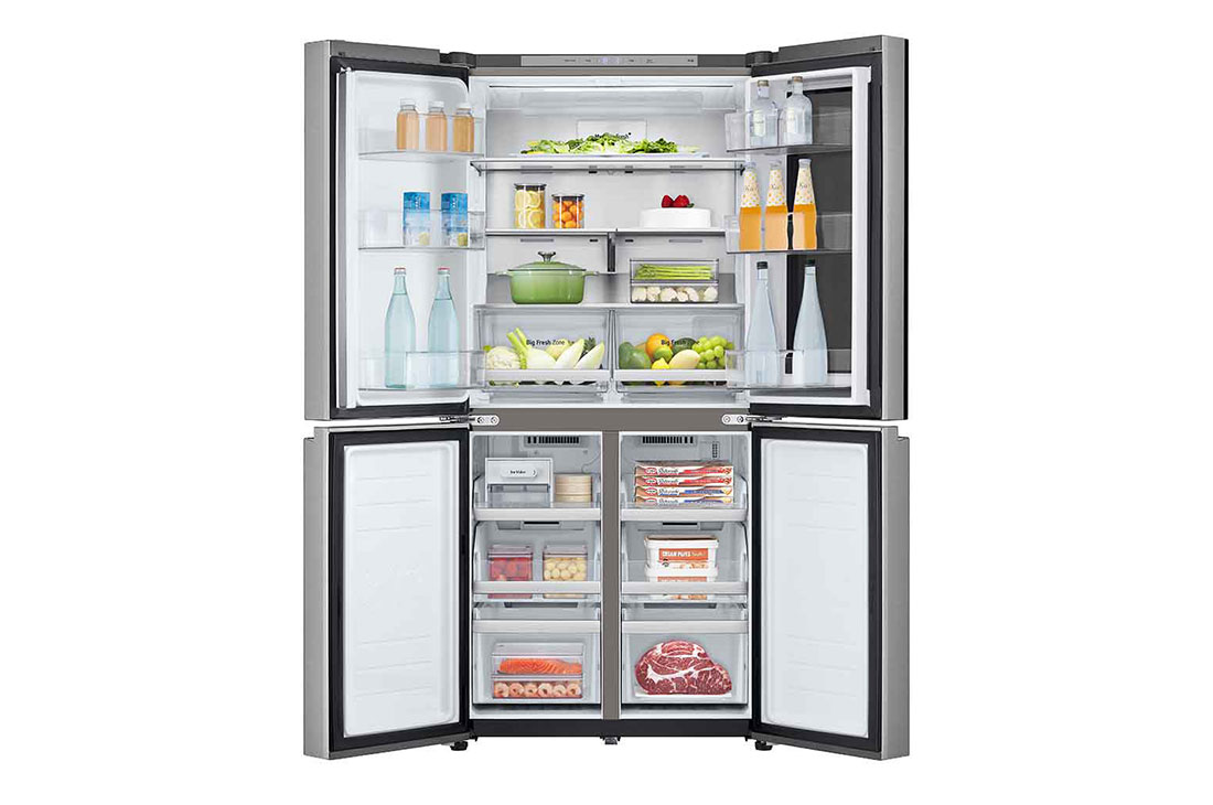 LG Холодильник LG GC-V22FFMMB | Многодверный | Объем 458л | InstaView™ | Складная полка | Metal Fresh™ | Гигиенический фильтр HygieneFresh+, front door open with food, GC-V22FFMMB, thumbnail 10