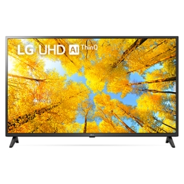 Вид телевизора LG UHD спереди с изображением на экране и логотипом продукта2