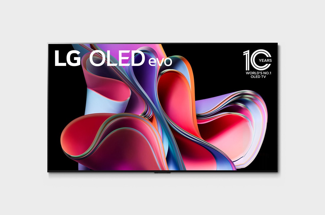 LG 65-дюймовый 4K смарт-телевизор LG OLED evo G3 2023 года, Вид спереди с LG OLED evo, эмблемой «OLED №1 в мире в течение 10 лет» и логотипом «Гарантия 5 лет на панель» на экране, OLED65G3RLA