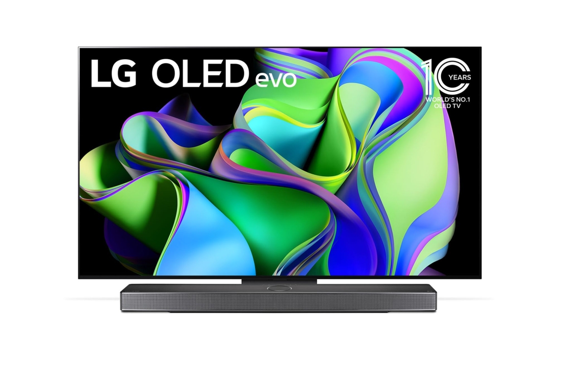 LG 55-дюймовый 4K смарт-телевизор LG OLED evo C3 2023 года, Вид спереди с LG OLED evo, эмблемой «OLED №1 в мире в течение 10 лет» и саундбаром снизу. , OLED55C3RLA