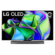 LG 77-дюймовый 4K смарт-телевизор LG OLED evo C3 2023 года, Вид спереди с LG OLED evo, эмблемой «OLED №1 в мире в течение 10 лет» и саундбаром снизу. , OLED77C3RLA, thumbnail 1