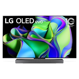 Вид спереди с LG OLED evo, эмблемой «OLED №1 в мире в течение 10 лет» и саундбаром снизу. 2