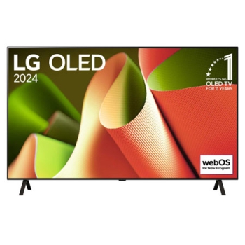 Вид спереди на телевизор LG OLED TV, OLED B4, эмблему «OLED №1 в мире в течение 11 лет» и logo программы webOS Re:New на экране с 2-полюсной подставкой1