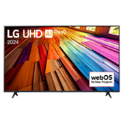 LG 65-дюймовый телевизор Smart TV LG UHD UT81 4K 2024, Вид спереди на телевизор LG UHD, UT81 с текстом LG UHD AI ThinQ, 2024 и логотипом webOS Re:New Program на экране, 65UT81009LB, thumbnail 1