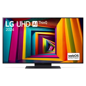 Вид спереди на телевизор LG UHD, UT91 с текстом LG UHD AI ThinQ, 2024 и логотипом webOS Re:New Program на экране1