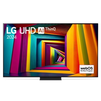 Вид спереди на телевизор LG UHD, UT91 с текстом LG UHD AI ThinQ, 2024 и логотипом webOS Re:New Program на экране1