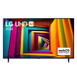 Вид спереди на телевизор LG UHD, UT91 с текстом LG UHD AI ThinQ, 2024 и логотипом webOS Re:New Program на экране2