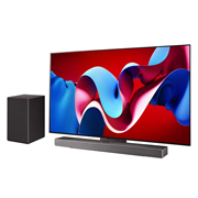 LG 55-дюймовый телевизор Smart TV LG OLED evo C4 4K OLED55C4, Вид справа и сбоку под небольшим углом на телевизор LG OLED evo, OLED C4 с расположенной под ним звуковой панелью LG Soundbar и сабвуфером сбоку, OLED55C4RLA, thumbnail 2