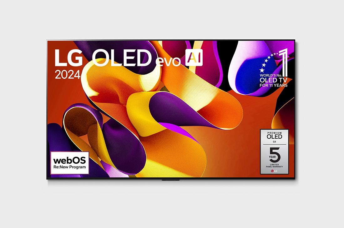 LG 77-дюймовый телевизор Smart TV LG OLED evo G4 4K OLED77G4, Вид спереди на телевизор LG OLED evo, OLED G4, эмблема «OLED №1 в течение 11 лет» на экране, OLED77G4RLA, thumbnail 4