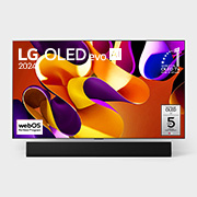 LG 77-дюймовый телевизор Smart TV LG OLED evo G4 4K OLED77G4, Вид спереди на телевизор LG OLED evo, OLED G4, вид на эмблему «OLED №1 в течение 11 лет» на экране, а также на расположенную ниже звуковую панель, OLED77G4RLA, thumbnail 1