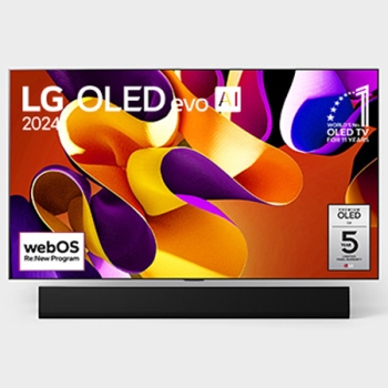 Вид спереди на телевизор LG OLED evo, OLED G4, вид на эмблему «OLED №1 в течение 11 лет» на экране, а также на расположенную ниже звуковую панель1