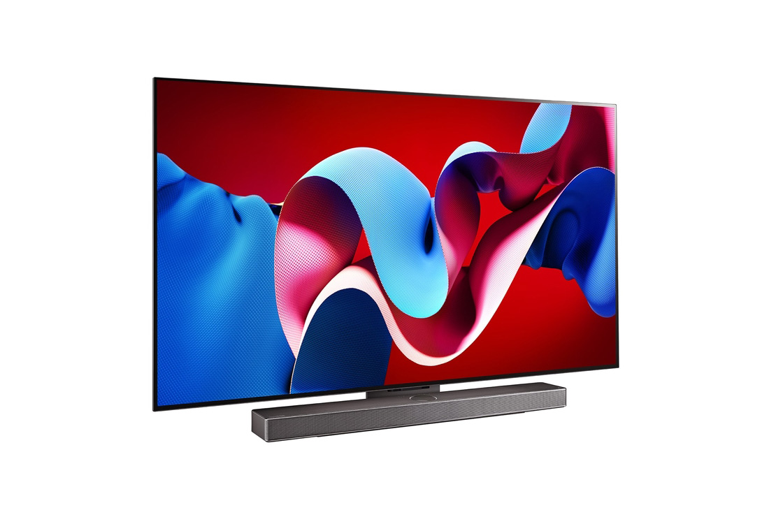 LG 77-дюймовый телевизор Smart TV LG OLED evo C4 4K OLED77C4, Вид справа и сбоку под небольшим углом на телевизор LG OLED evo, OLED C4 с расположенной под ним звуковой панелью LG Soundbar, OLED77C4RLA, thumbnail 3