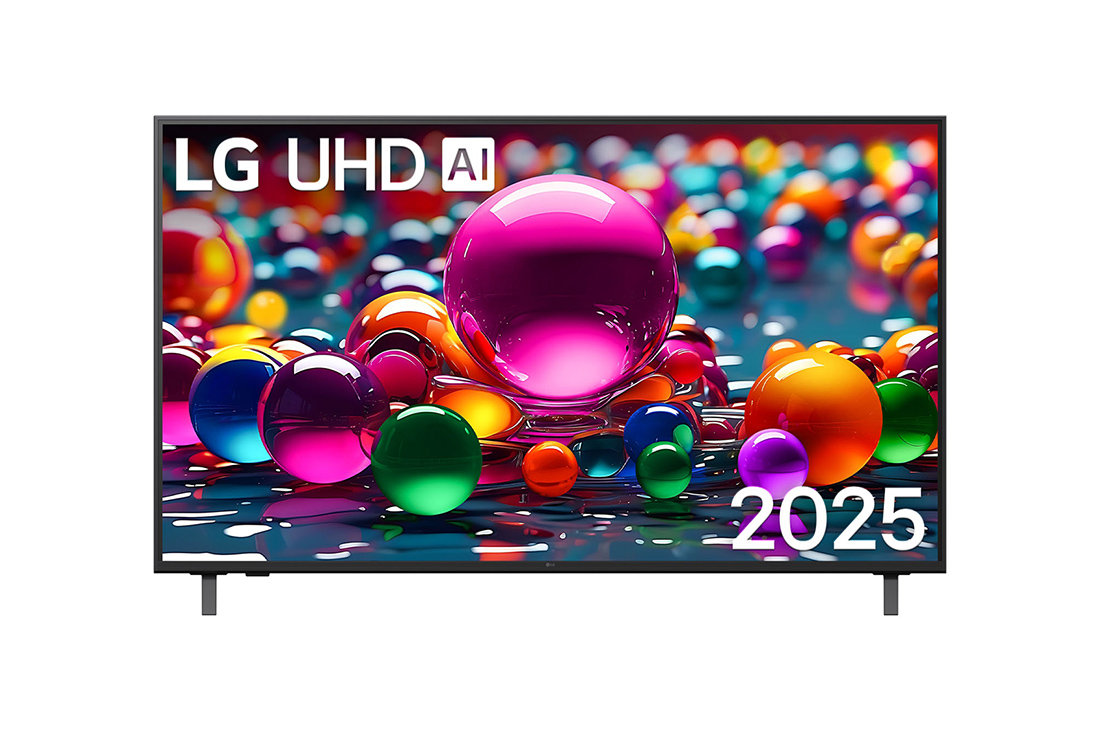 LG 55-дюймовый телевизор Smart TV LG UHD AI UА75 4K 2025 года, Вид спереди на телевизор UHD UA75 TV, логотип LG UHD AI в верхнем углу. LG UHD TV отображает красочные текстуры, напоминающие мазки краски, сливающиеся воедино., 55UA75009LA