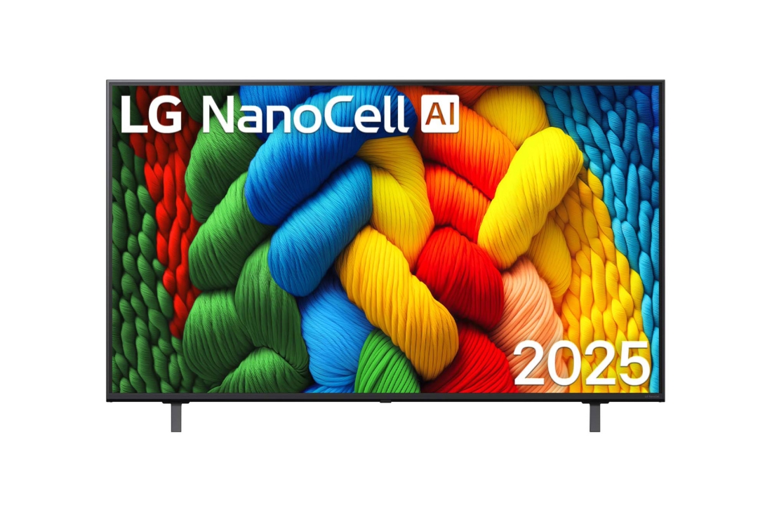LG 55 дюймовый телевизор Smart TV LG Nanocell AI NANO80 4K 2025 года, Вид спереди на телевизор NanoCell, логотип LG NanoCell AI в верхнем углу. Телевизор LG NanoCell NANO80 TV отображает красочные текстуры, напоминающие мазки краски, сливающиеся воедино., 55NANO80A6B