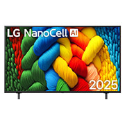 LG 55 дюймовый телевизор Smart TV LG Nanocell AI NANO80 4K 2025 года, Вид спереди на телевизор NanoCell, логотип LG NanoCell AI в верхнем углу. Телевизор LG NanoCell NANO80 TV отображает красочные текстуры, напоминающие мазки краски, сливающиеся воедино., 55NANO80A6B, thumbnail 1
