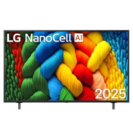 Vedere din față a unui LG NanoCell TV, NANO82, cu textul LG NanoCell 2024 și logo-ul webOS Re:New Program pe ecran2