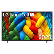 LG 65 дюймовый телевизор Smart TV LG Nanocell AI NANO81 4K 2025 года, Вид спереди на телевизор NanoCell, логотип LG NanoCell AI в верхнем углу. Телевизор LG NanoCell NANO80 TV отображает красочные текстуры, напоминающие мазки краски, сливающиеся воедино., 65NANO81A6A, thumbnail 1