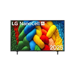 Vedere din față a unui LG NanoCell TV, NANO82, cu textul LG NanoCell 2024 și logo-ul webOS Re:New Program pe ecran2