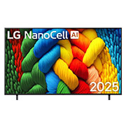 LG 75 дюймовый телевизор Smart TV LG Nanocell AI NANO81 4K 2025 года, Вид спереди на телевизор NanoCell, логотип LG NanoCell AI в верхнем углу. Телевизор LG NanoCell NANO80 TV отображает красочные текстуры, напоминающие мазки краски, сливающиеся воедино., 75NANO81A6A, thumbnail 1