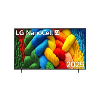 Vedere din față a unui LG NanoCell TV, NANO82, cu textul LG NanoCell 2024 și logo-ul webOS Re:New Program pe ecran1