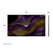 LG 65-дюймовый телевизор Smart TV LG OLED evo AI G5 4K 2025 года, Вид спереди и сбоку на телевизор Smart TV LG OLED evo AI G5 4K с отображением его размеров: длины, ширины, высоты и глубины., OLED65G5RLA, thumbnail 4