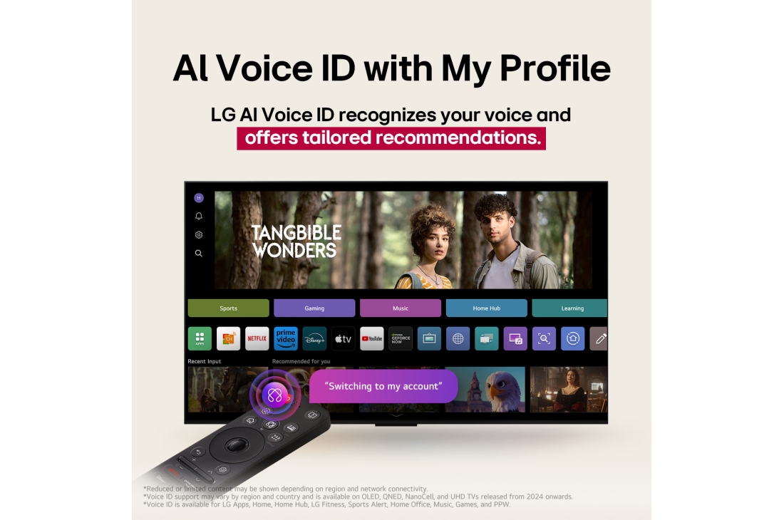 LG 65 -дюймовый телевизор Smart TV LG OLED evo AI C5 4K 2025&nbsp;года, Экран телевизора LG TV с пультом AI Magic Remote на переднем плане. Выделена кнопка «ИИ», а в облачке представлен текст: «Предложи фильм, который мне понравится». На экране мы видим иконку пользовател, OLED65C5RLA, thumbnail 10