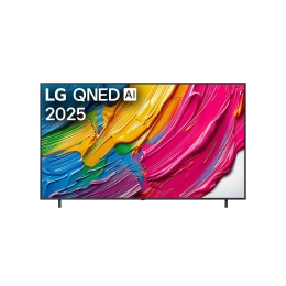 Передний вид LG QNED80 TV, логотип LG QNED AI в верхнем углу. LG QNED TV отображает красочные текстуры, напоминающие мазки краски, сливающиеся воедино.2