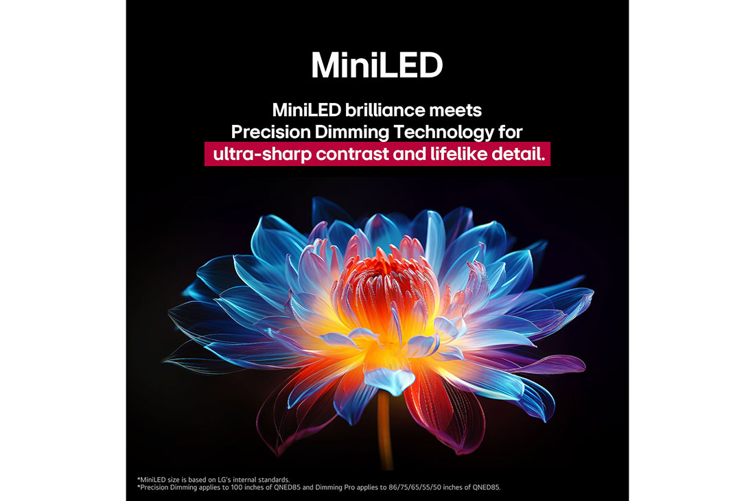 LG 75-дюймовый телевизор Smart&nbsp;TV LG QNED evo AI QNED86 MiniLED 4K 2025&nbsp;года, Голографический 3D-цветок со множеством тонов и оттенков на черном фоне. Разрешение и детализация изображения цветка демонстрируют возможности технологии QNED MiniLED воспроизводить изображения с искл, 75QNED86A6A, thumbnail 8