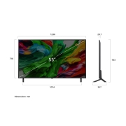 LG 55-дюймовый телевизор Smart TV LG QNED evo AI QNED86 MiniLED 4K 2025 года, Вид спереди и сбоку на телевизор Smart TV LG QNED evo AI QNED86 4K с отображением его длины, ширины, высоты и глубины., 55QNED86A6A, thumbnail 4