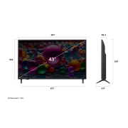 LG 43 дюймовый телевизор Smart TV LG UHD AI UА75 4K 2025&nbsp;года, Вид спереди и вид сбоку на телевизор Smart&nbsp;TV LG UHD AI UA75 4K с отображением его длины, ширины, высоты и глубины., 43UA75009LA, thumbnail 4