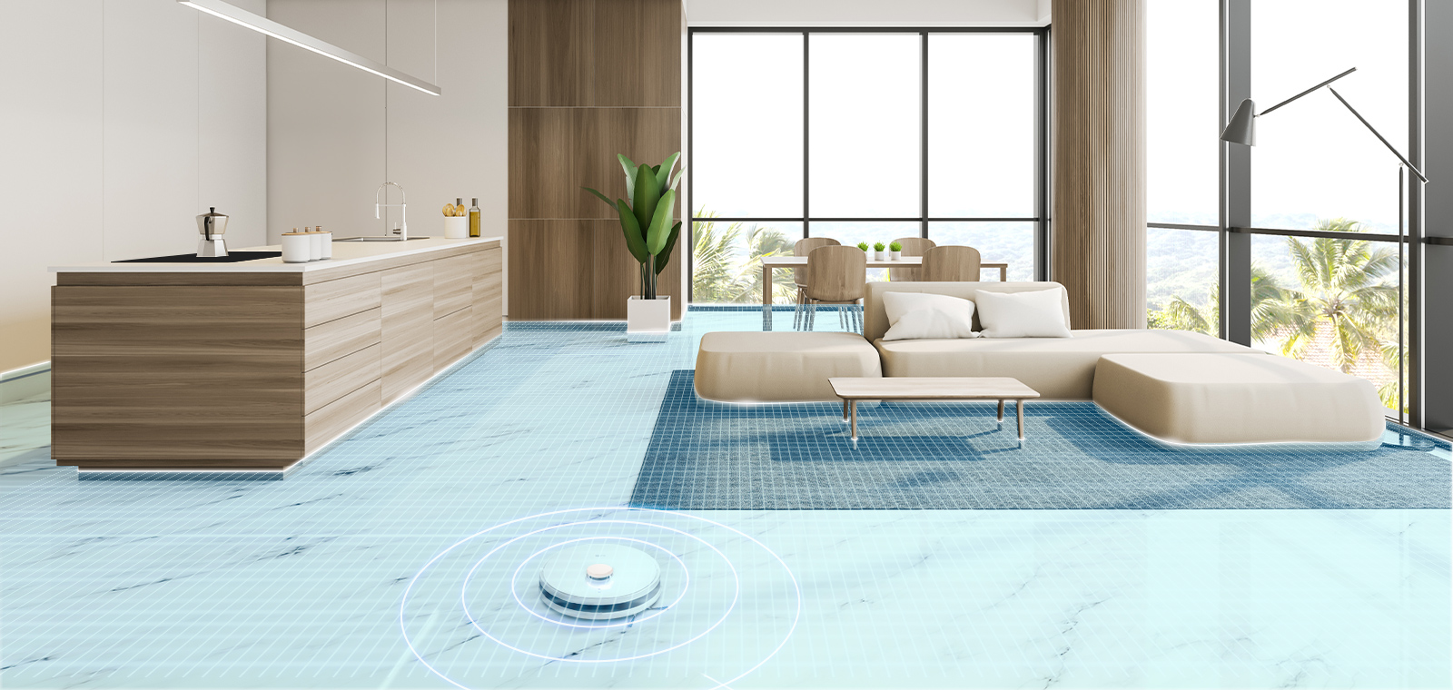 It shows that the room is cleaned efficiently using sensors