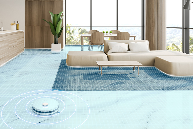 It shows that the room is cleaned efficiently using sensors