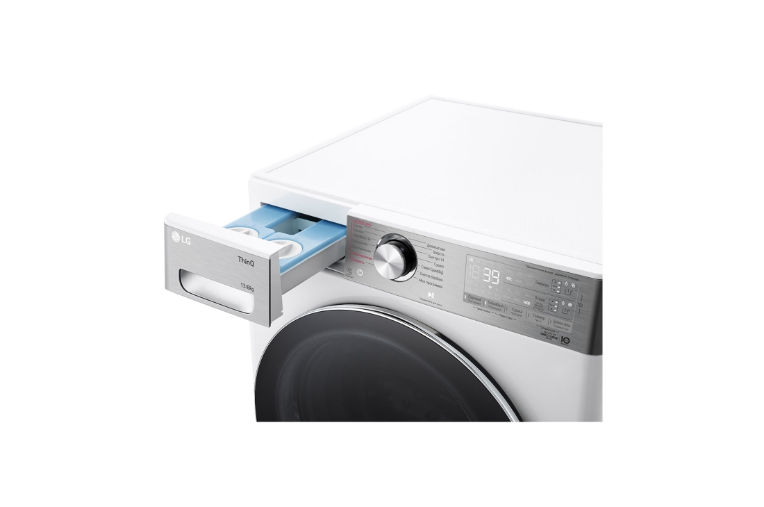 LG Стирально-сушильная машина LG F4V9LD2W с паром, 13/8 кг, Стирально-сушильная машина LG F4V9LD2W с открытым лотком (вид справа), F4V9LD2W, thumbnail 5