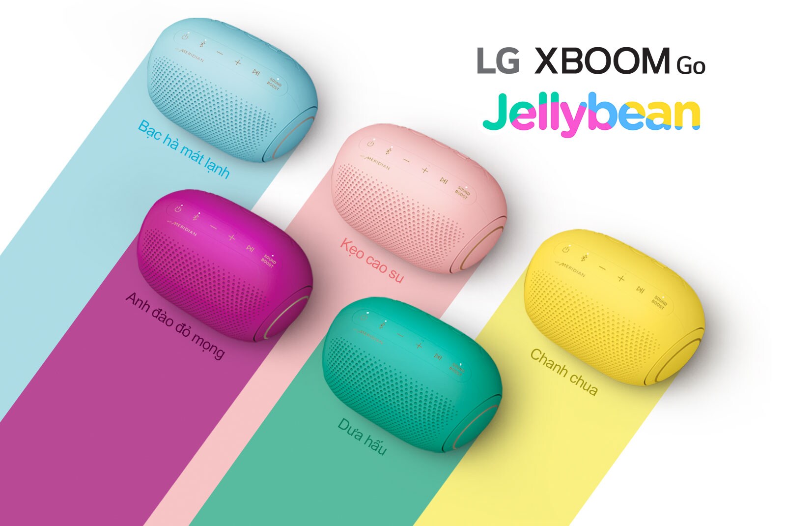 Năm màu của dòng LG XBOOM Go PL2 Jellybean đặt trên nền trắng.