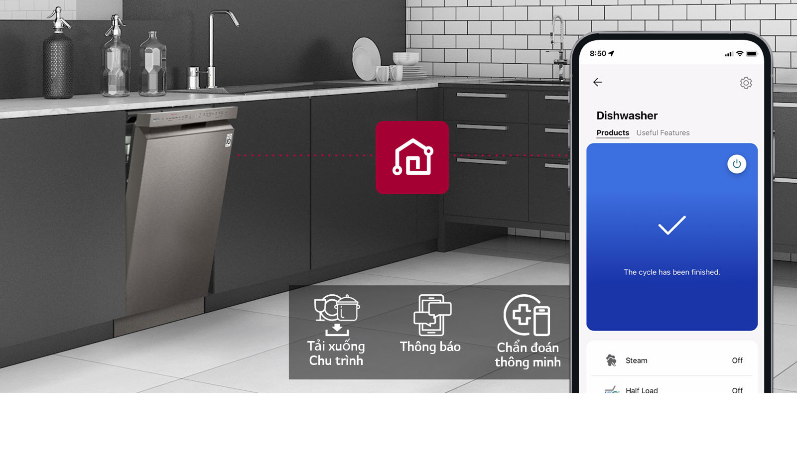 Điện thoại thông minh hiển thị LG ThinQ™ trong nhà bếp cùng với 3 tính năng ứng dụng: Tải xuống Chu trình, Thông báo và Chẩn đoán thông minh. 