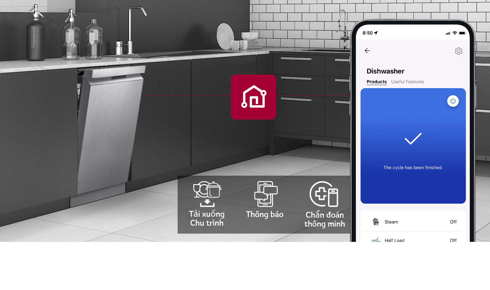 Điện thoại thông minh hiển thị LG ThinQ™ trong nhà bếp cùng với 3 tính năng ứng dụng: Tải xuống Chu trình, Thông báo và Chẩn đoán thông minh. 