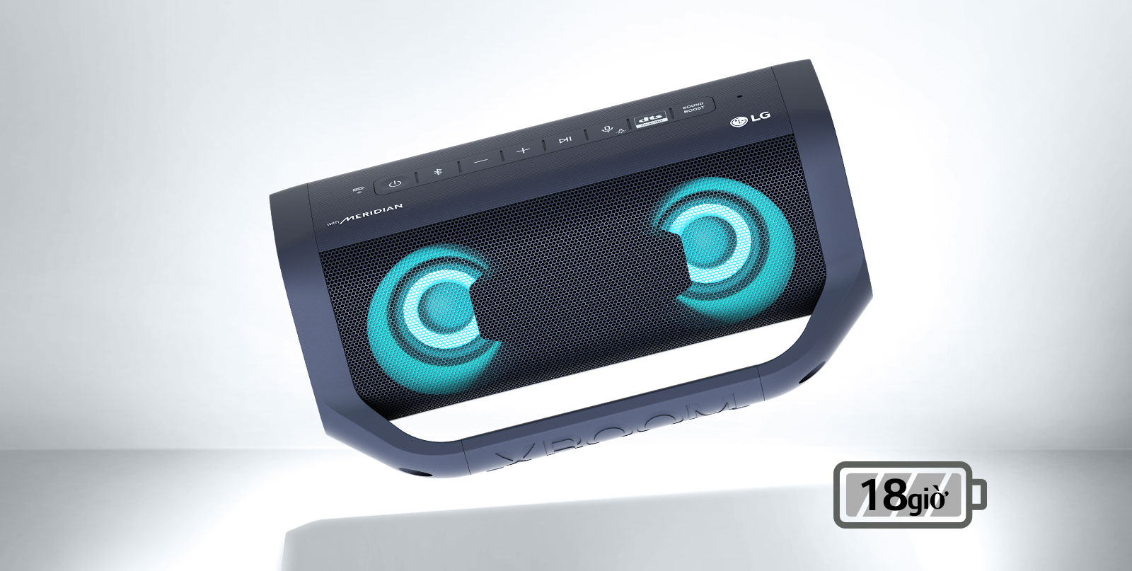 LG XBOOM Go tilts to the left and floats in the air. The woofer lighting is sky blue. 
