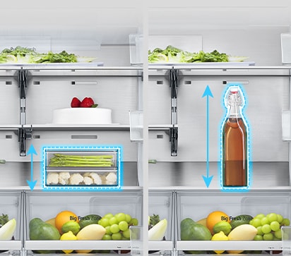 Ở bên trái, một chiếc giá đỡ được trải ra bên trong tủ lạnh và một hộp đựng thức ăn thấp được đặt vào, còn bên phải, chiếc giá đỡ được gấp lại ở vị trí tương tự và một chai cao được đặt vào.