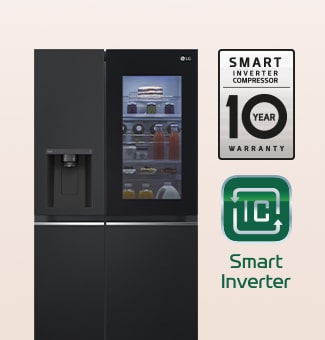 Bảo hành 10 năm trên cạnh phải của tủ lạnh, logo smart inverter