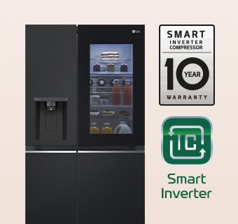 Bảo hành 10 năm trên cạnh phải của tủ lạnh, logo smart inverter