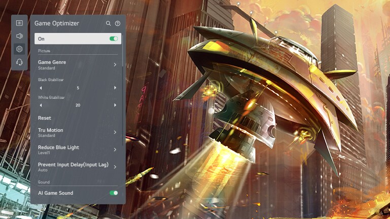Màn hình TV hiển thị một tàu vũ trụ đang bắn trong một thành phố và giao diện người dùng của trình tối ưu hóa trò chơi của LG OLED ở bên trái điều chỉnh cài đặt trò chơi.