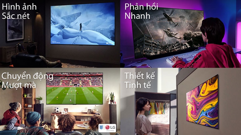 Logo LG Channels, logo Netflix, logo Disney+, logo Apple TV được bố trí theo chiều ngang trên nền đen. Một cảnh trò chơi từ Assassin's Creed Valhalla với logo Assassin's Creed Valhalla ở phía dưới bên phải và bản sao 'Swift Response' ở phía trên bên trái. Một hình ảnh một người đánh bóng chày cố gắng đánh một quả bóng chày trong trò chơi với bản sao 'Smooth Motion' ở phía trên bên trái. Hình ảnh màn hình TV treo trên tường với bản sao 'Slim Design' ở phía trên bên trái.