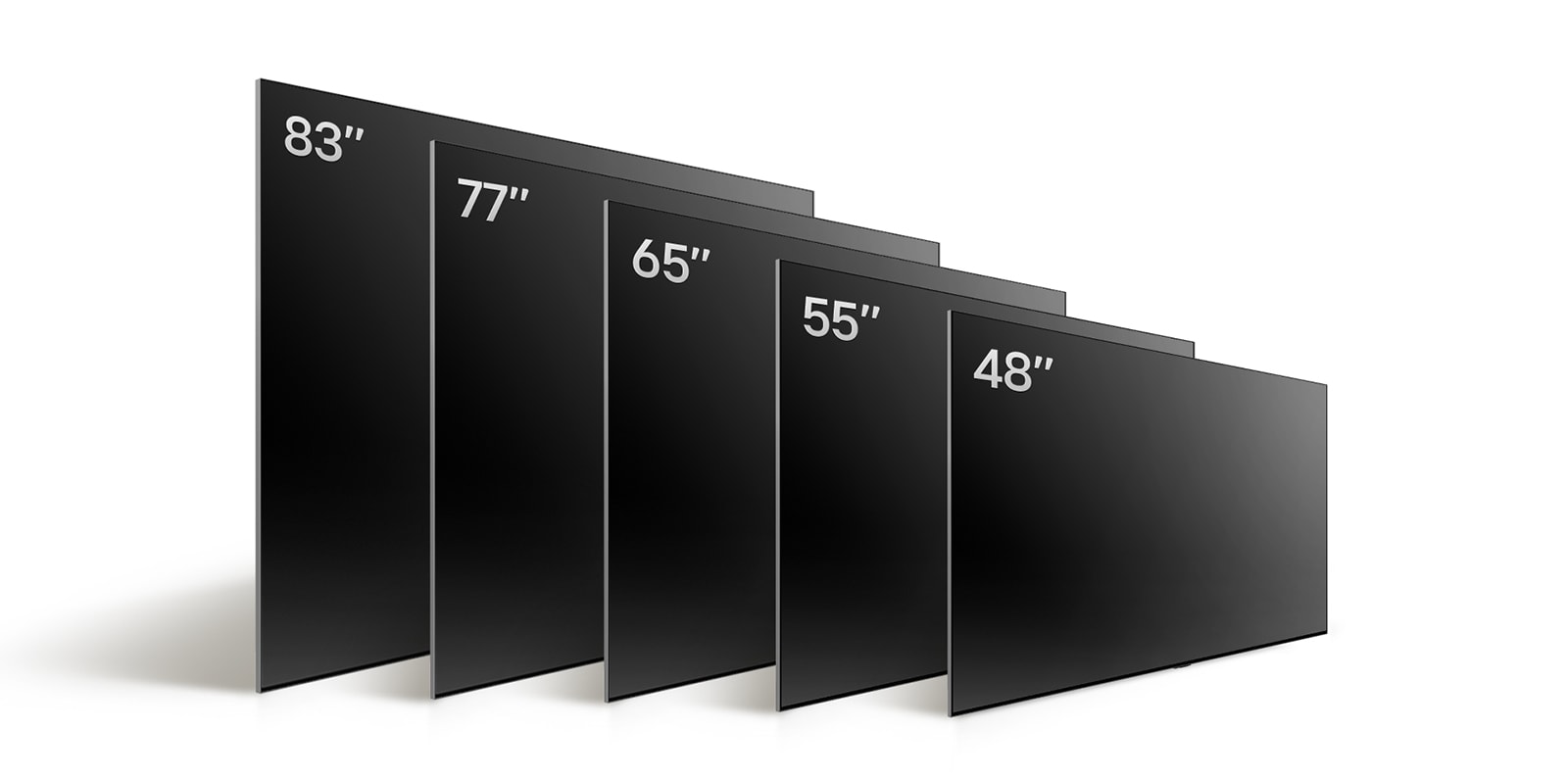 So sánh các kích cỡ khác nhau của LG OLED TV, OLED C4, trình bày OLED C4 48", OLED 55", OLED C4 65", OLED C4 77 và OLED C4 83".
