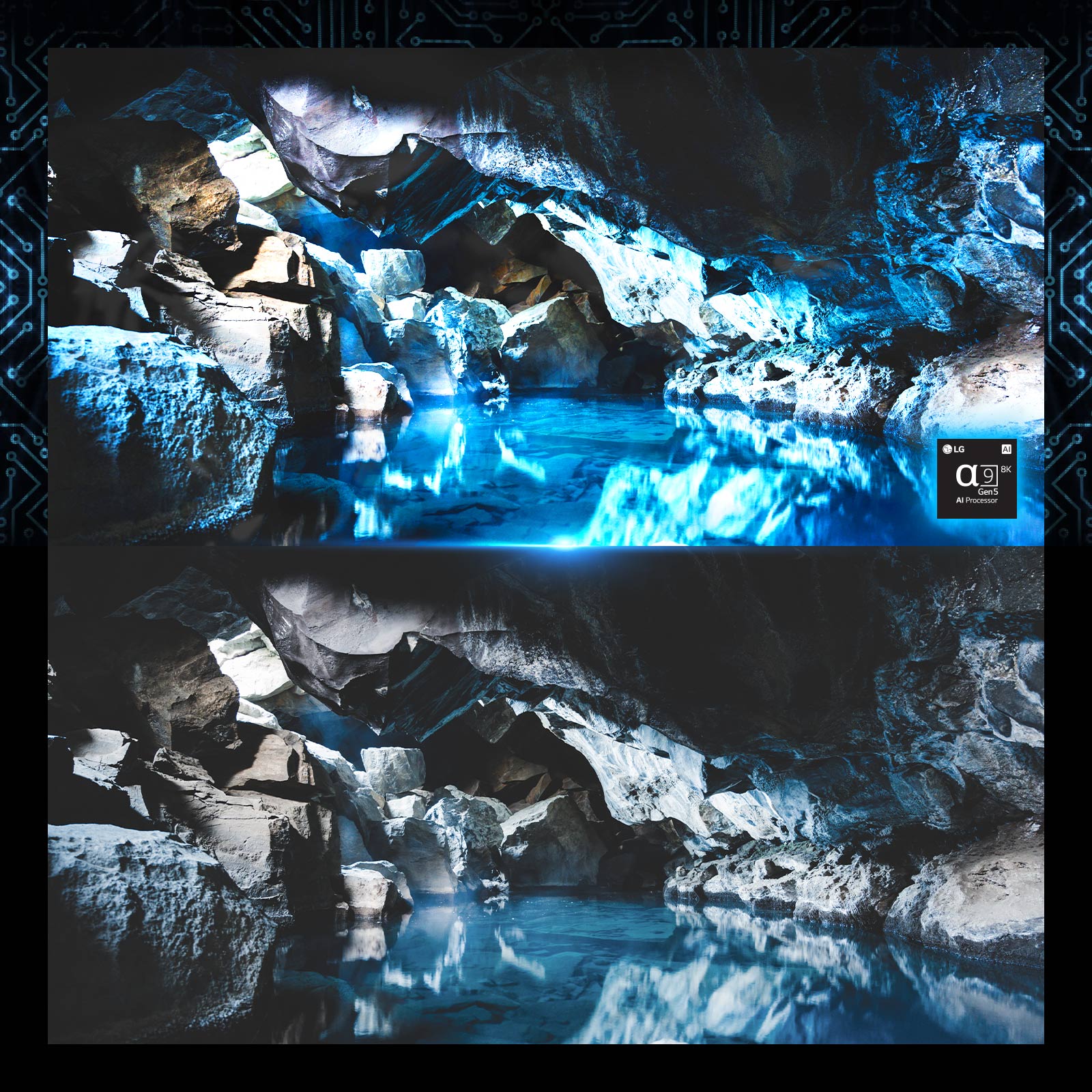 Hình ảnh bên trong hang động màu xanh đậm và hình ảnh chip xử lý ở góc dưới bên phải. Hình ảnh tương tự của hang động tối màu xanh ngay bên dưới nhưng là phiên bản nhợt nhạt hơn. 