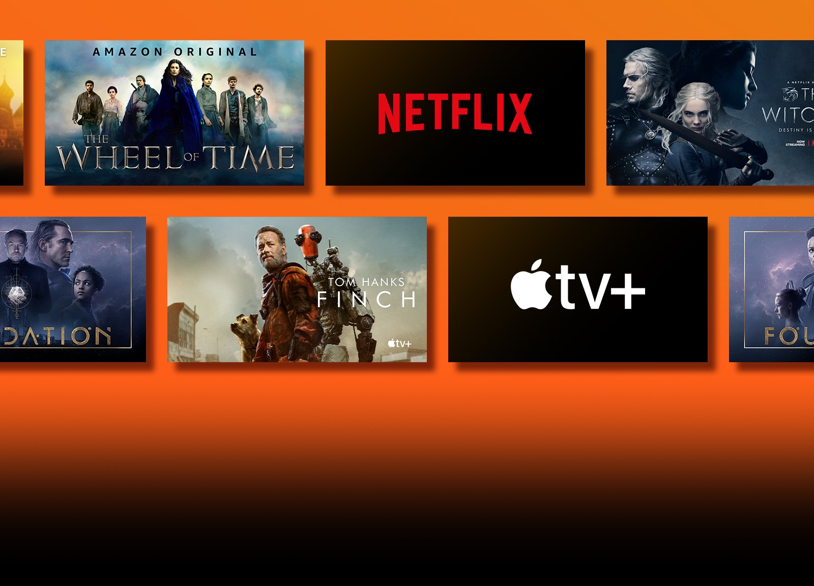 There are logos of streaming service platforms and matching footages right next to each logo. Netflix logo and money heist and the Witcher. Prime Video logo and Without Remorse and The Wheel of Time. Livenow logo and mamamoo teaser image and OneUs teaser image. Apple TV plus logo and Foundation and Finch. 
