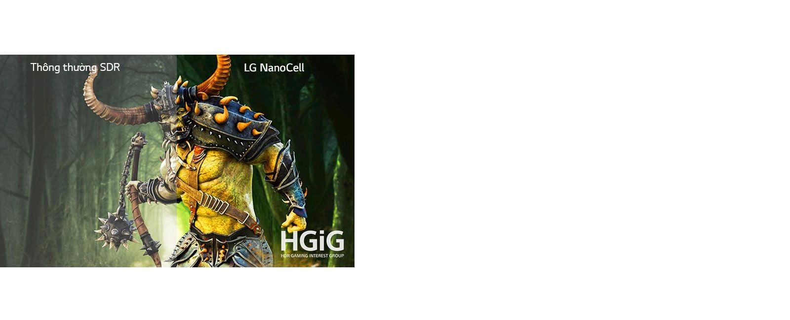 Hình ảnh nhân vật của một trò chơi được hiển thị trên TV thông thường và nửa còn lại trên TV LG NanoCell có HDR