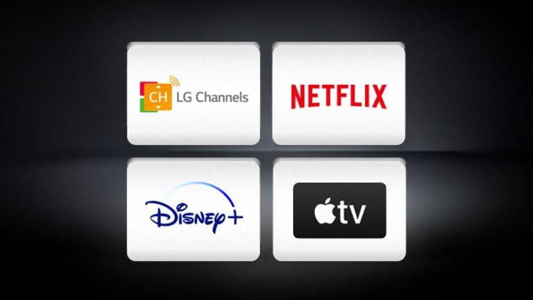 Logo LG Channels, logo Apple TV, logo Disney+ và logo Netflix được bố trí trên nền đen.